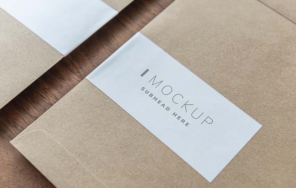 A close-up of two brown paper envelopes on a wooden surface, each with a white rectangular label that reads MOCKUP SUBHEAD HERE in minimalist font.